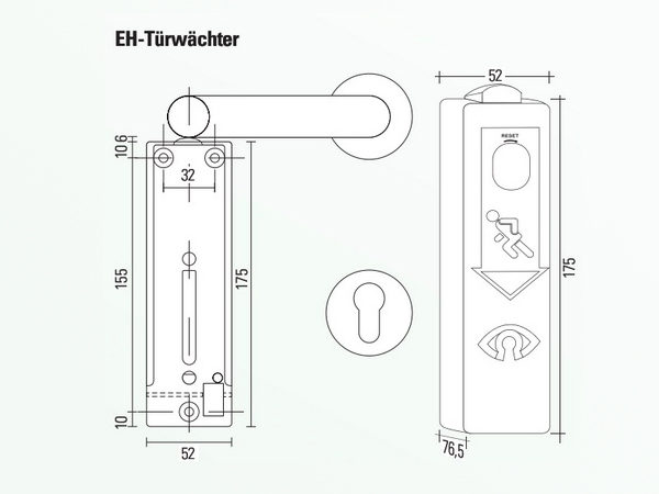 GfS EH-Türwächter 990 000 montiert unterhalb des Türdrückers