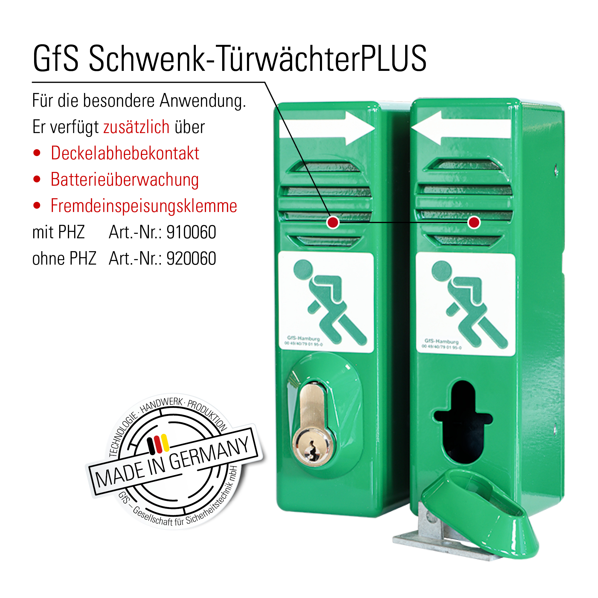 GfS Schwenk-Türwächter PLUS 910060 – Hauptansicht mit Fremdeinspeisungsklemme